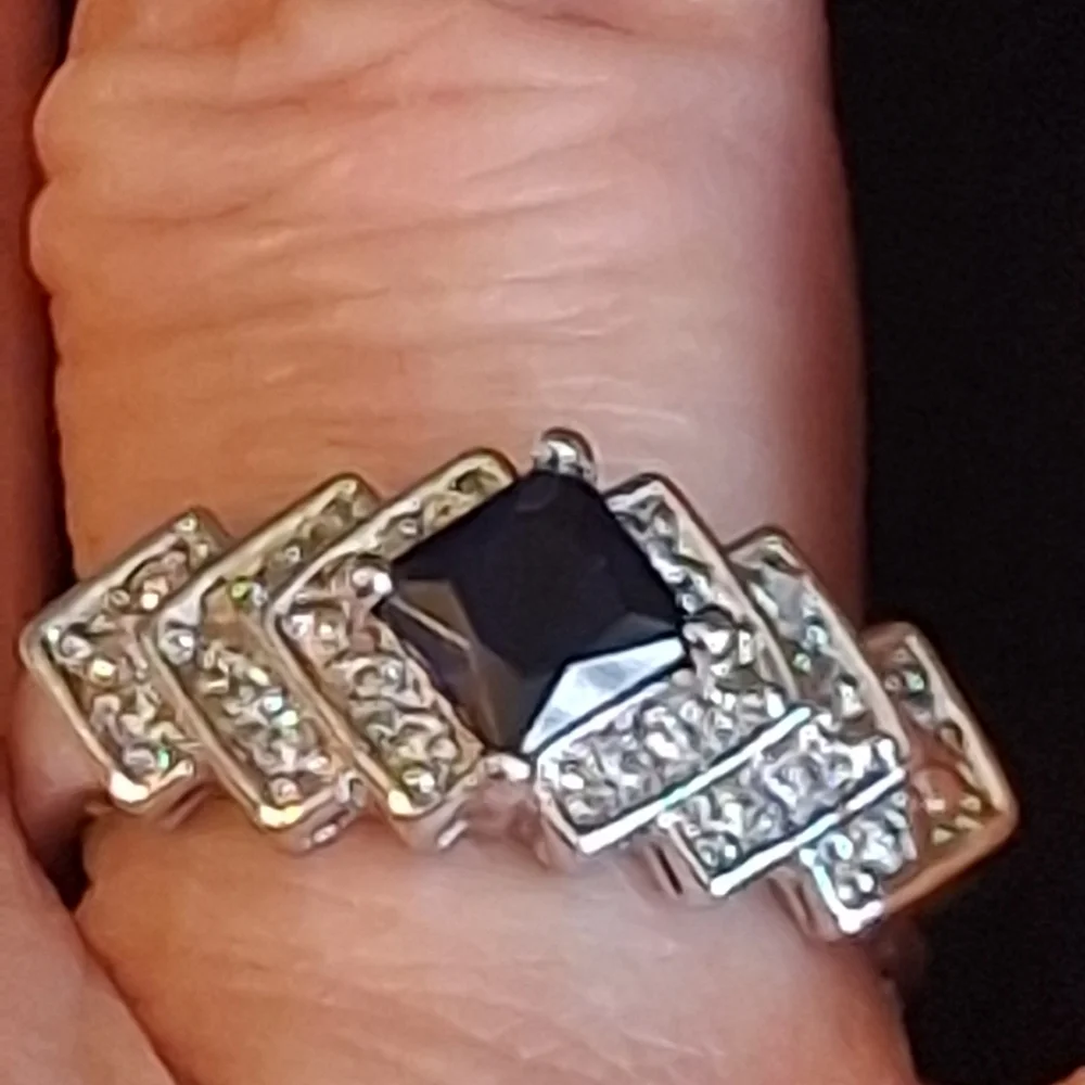 Sterling Silver Women's Ring With Faux Sapphire And Diamonds Size 10 3/4